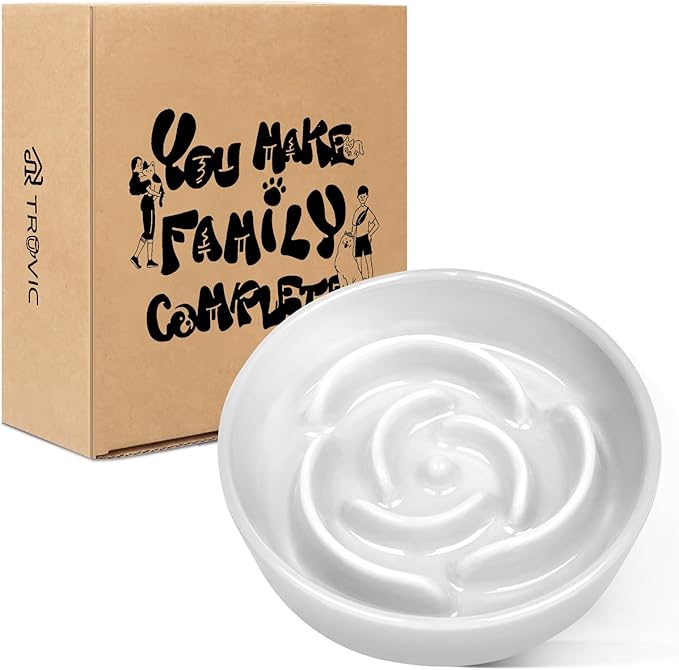 TRUVIC Ceramic Slow Feeder Dog Bowls, 1.5 Cup Puzzle Slow Feeder Bowls for Fast Eaters, Ceramic Dog Food Dish no Black Chin, Puzzle Bowl for Medium Dogs, White