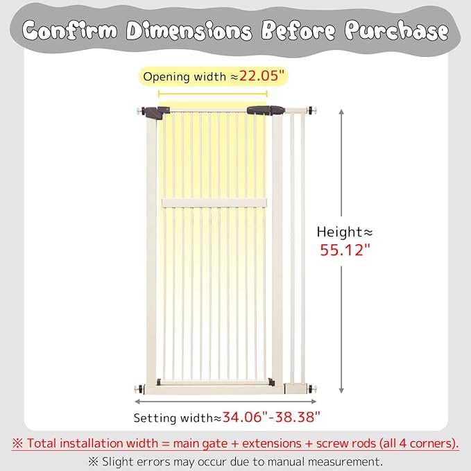 Lumizone Extra Tall Pet Gate 55.12" High Pressure Mounted 34.06"-38.38" Extra Wide (9 Sizes) 1.37" Gap for Cat Dog Stairs Doorway Hallway No Drilling Auto-Close (34.06"-38.38" W, Cream White)