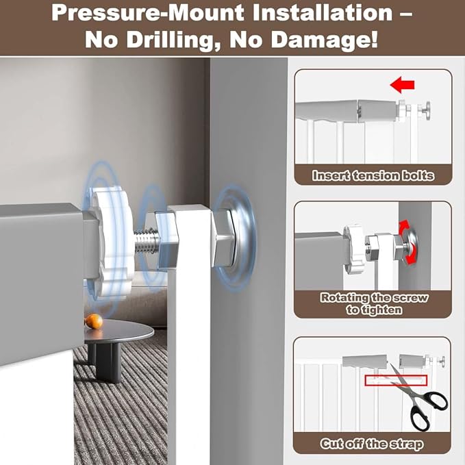 Fairy Baby 51.18" Extra Tall Pet Gate for Doorways, 48.5"-56.2" Extra Wide Long Baby Gate for Stairs, Metal Pressure-Mounted Walk-Through Dog Gate, Auto Close Safety Child Gate Indoor Use, White