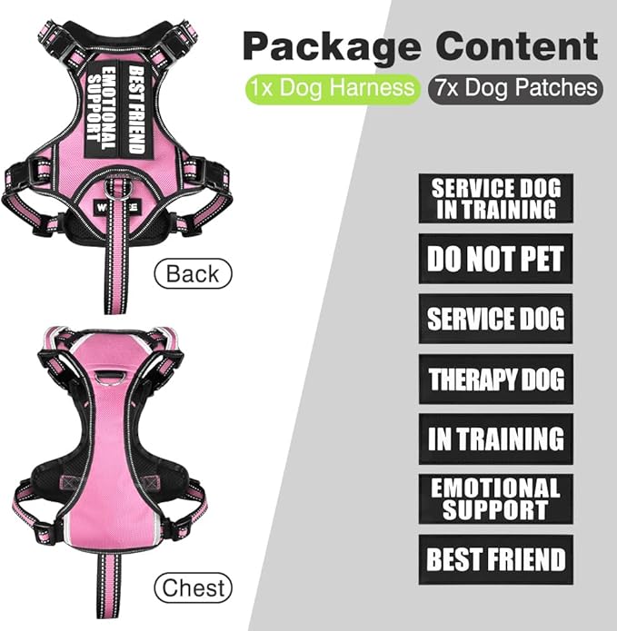 WINSEE Service Dog Vest No Pull Dog Harness with 7 Dog Patches, Reflective Pet Harness with Durable Soft Padded Handle for Training Small, Medium, Large, and Extra-Large Dogs (Medium, Pink)