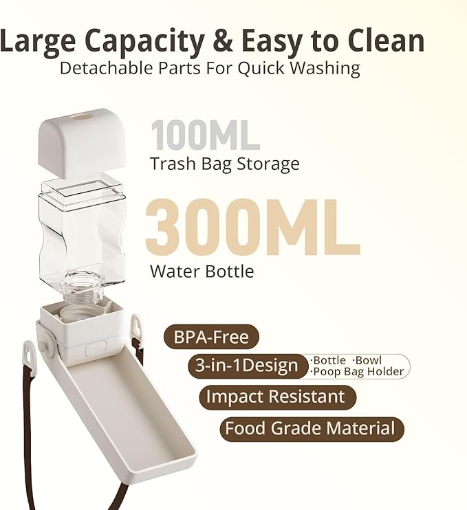 Dog Water Bottle, Portable Leakproof Water Bowl for Dogs, Foldable Dog Water Dispenser with Poop Bag Dispenser for Puppy Outdoor Walking, Hiking, Travel, 10.15oz