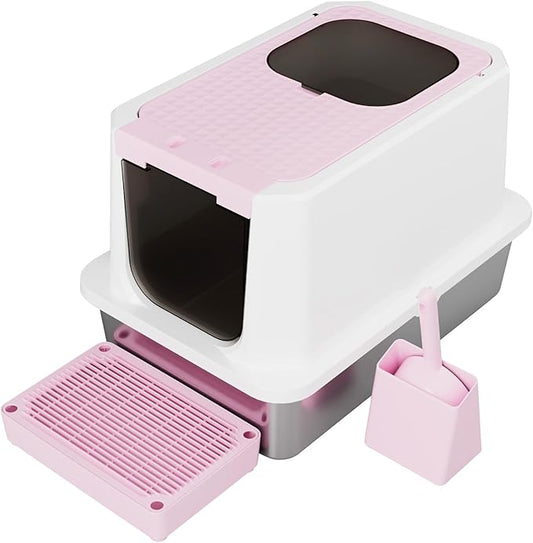 RIZZARI Enclosed Cat Litter Box: Large Top & Front Entry with Odor Control - Stainless Steel with Teflon Non-Stick Coating - High-Sided Pink Litter Pan for Multi-Cat Homes - for Apartments Hallways