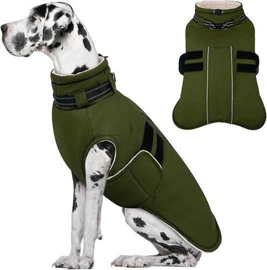 IECOii Big Dog Winter Coat for Giant Breed Dogs Waterproof Dog Jacket with Built in Collar, Reflective Dogs Coat Pet Snow Jacket for Great Dane Saint Bernard, Easy Outdoor Walking, Army Green - 5XL