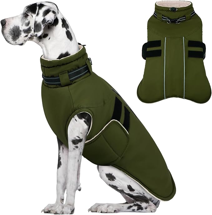 IECOii Winter Dog Coat for Extra Large Dogs, Waterproof Reflective Dog Snow Jacket for Giant Breeds, Built in Collar Snowsuit Thermal Dogs Cold Weather Coats for Great Dane, Army Green - 4XL