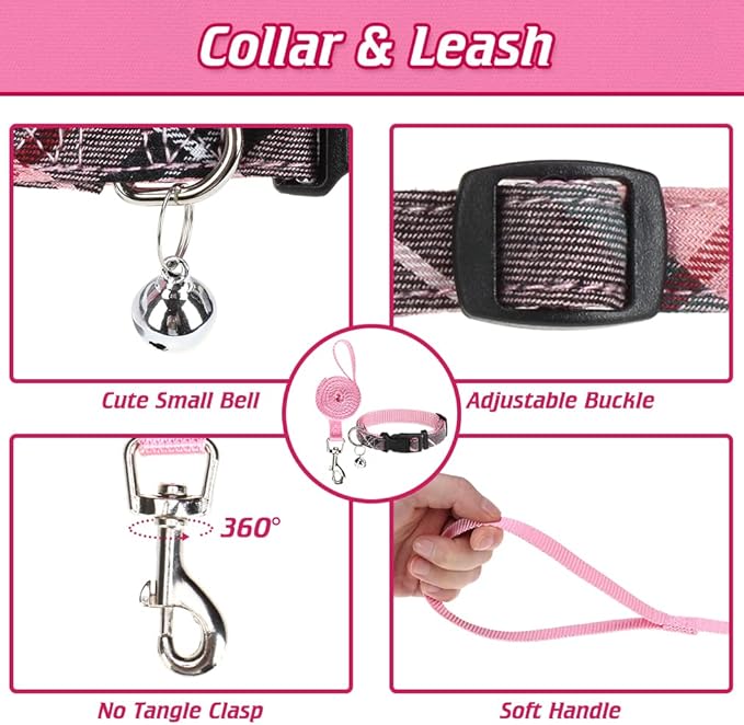 EXPAWLORER Classic Plaid Puppy Harness - Small Dog Harness and Leash Set - Dog Collar and Leash Set with AirTag Holder, Soft Padded Step in Dog Vest Harness No Pull Reflective for Outdoor, Pink XS