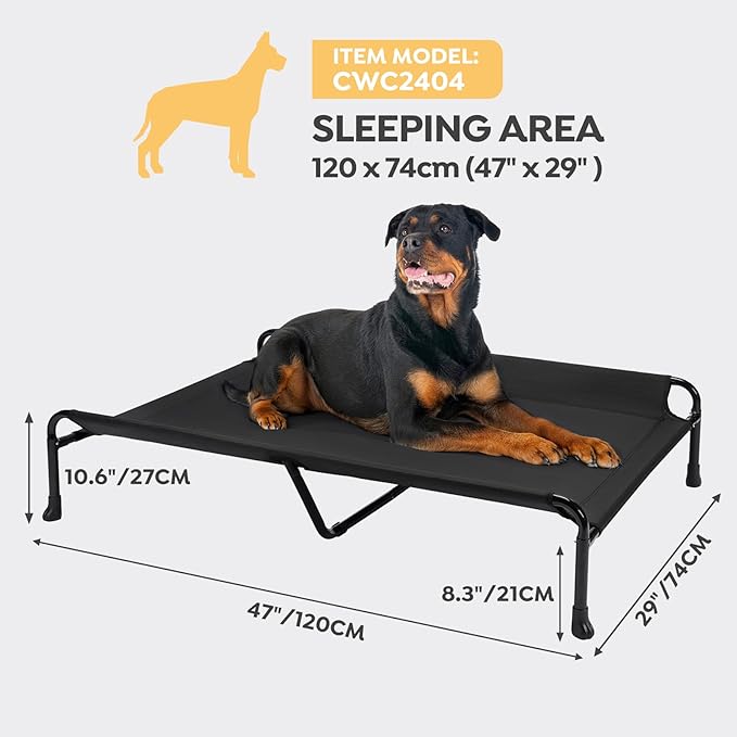 Veehoo Elevated Dog Bed, Raised Dog Cots for Large Dogs, Waterproof Outdoor Dogs Bed, Cooling Pet Hammock with Guardrail, Upgraded Non-Slip Feet, Breathable Teslin Mesh, Black, 47x 29 inches