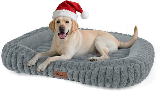 Dog Bed Large Size Dogs Washable Soft Furry Pet Bed, Calming Rectangle Large Dog Bed with Removable Cover & Anti-Slip Bottom, Orthopedic Anti-Anxiety Pet Bed with Handle, 35x27x5 Inches, Grey