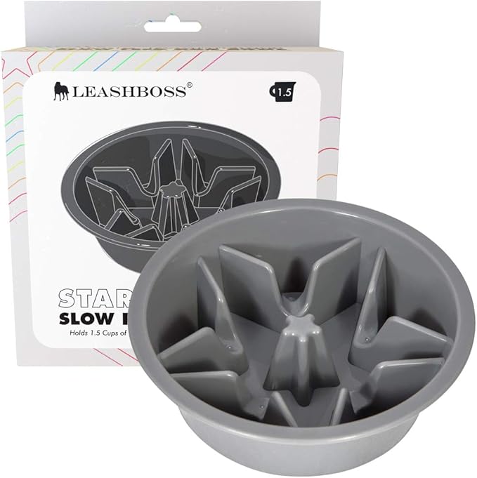 Leash Boss Slow Feeder Dog Bowls - 1.5 Cup, Puzzle Dog Food Bowl with Feeder Holes, Fits into Elevated Pet Feeders, Slow Eating for Large, Medium & Small Sized Breeds, Gray