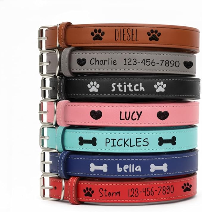 Custom Name Dog Collar – Personalized Engraved Vegan Leather with Name & Phone, Adjustable Soft Padded Pet Collar with Stainless Steel Buckle (Sizes S-XL)
