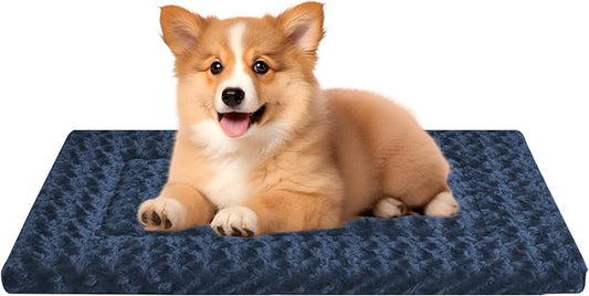 Washable Dog Bed Plush Orthopedic Outdoor Crate Mat with Non-Slip Bottom,Luxe Soft Kennel Pad for Pets, Cozy Cage Cushion & Pet Sleeping Mattress Large Sized,Medium,Small Dogs,24 x 18 inch,Blue