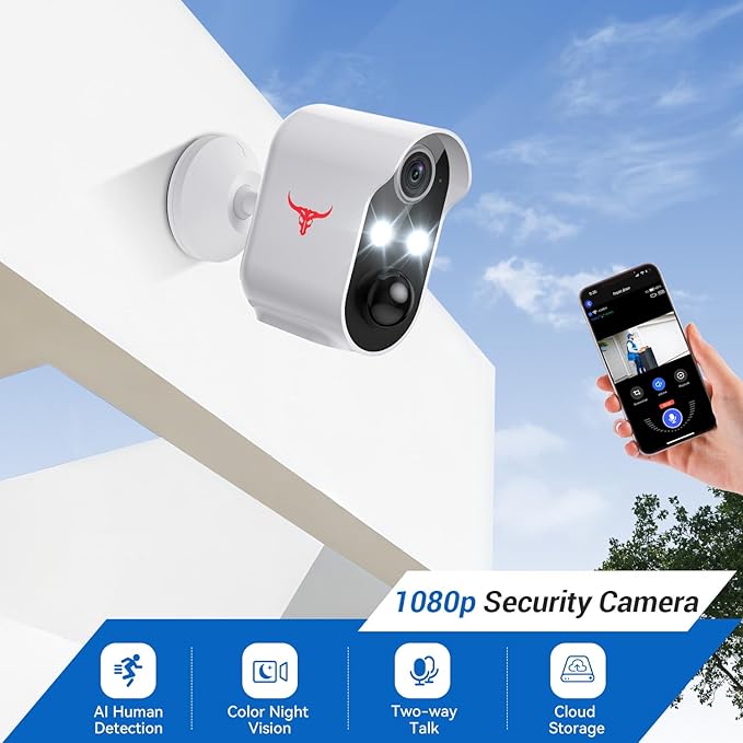 1080p Wireless Security Camera, 2.4GHz Wi-Fi, Color Night Vision, AI Human Detection, PIR Motion Detection, 2-Way Talk, Outdoor Surveillance Bullet Cam (2 Spotlights)
