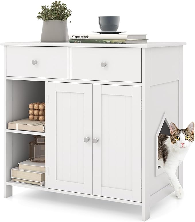 Tangkula Litter Box Enclosure, 31.5 Inch Enclosed Cat Box Cabinet with 2 Storage Drawers, Double Doors & 2 Open Shelves, Hidden Cat Washroom, Modern Cat Litter Box Furniture for Indoor Cats