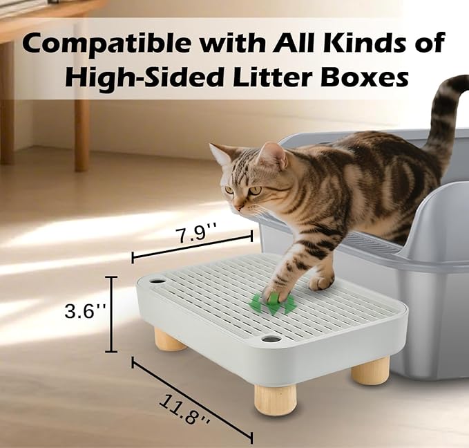 SpaceTime Elevated Cat Litter Mat for Litter Box,Trapping Litter Ramp/Steps for Floor Indoor,Washable Easy Cleaning Cat Pad with Filter Function,Suitable for Kitty & Senior Cats (Grey-Elevated Wooden)