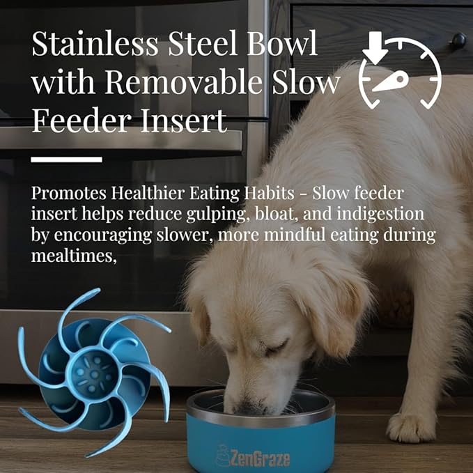 Slow Feeder Dog Bowl with Premium Lick Mat Lid | Stainless Steel Dog Bowls | Removable Slow Feeder Insert | Heavy-Duty, Non-Slip & Durable | 64 oz | Medium to Large Dogs (Eli Blue)