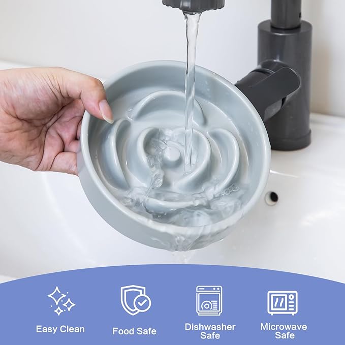 6'' Ceramic Slow Feeder Dog Bowls - Petal Shape Modern Dog Food Dish for Cats and Small Breed Dogs, Puzzle Maze Bowl to Slow Down Eating, Anti-Gulping, Dishwasher & Microwave Safe, Grey