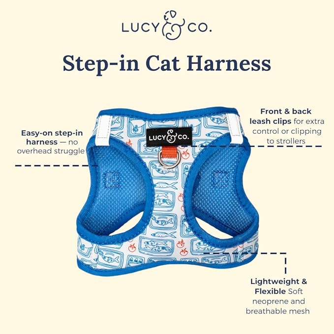 Lucy & Co. Tinned Fish Step-in Cat Harness & Leash Bundle – Reflective, Breathable & Adjustable Harness for Cats, Kittens & Small Dogs, Lightweight & Secure and Dual Leash Clips – Medium
