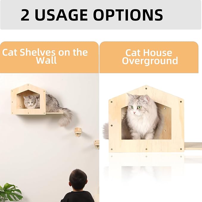Cat Shelves with 3 Steps Scratching Post and Hammock Bed - Wall Mounted Climbing Condo for Indoor Cats (Wood)
