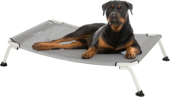 Veehoo Elevated Dog Bed for Outdoor, Cooling Waterproof Raised Dog Cots Beds XL, Curved Off Ground Pet Hammock Cot Lifted for Outside, up to 150lbs, White Legs, Grey 49"