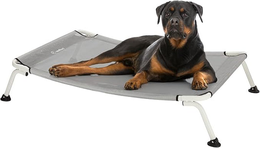 Veehoo Elevated Dog Bed for Outdoor, Cooling Waterproof Raised Dog Cots Beds XL, Curved Off Ground Pet Hammock Cot Lifted for Outside, up to 150lbs, White Legs, Grey 49"