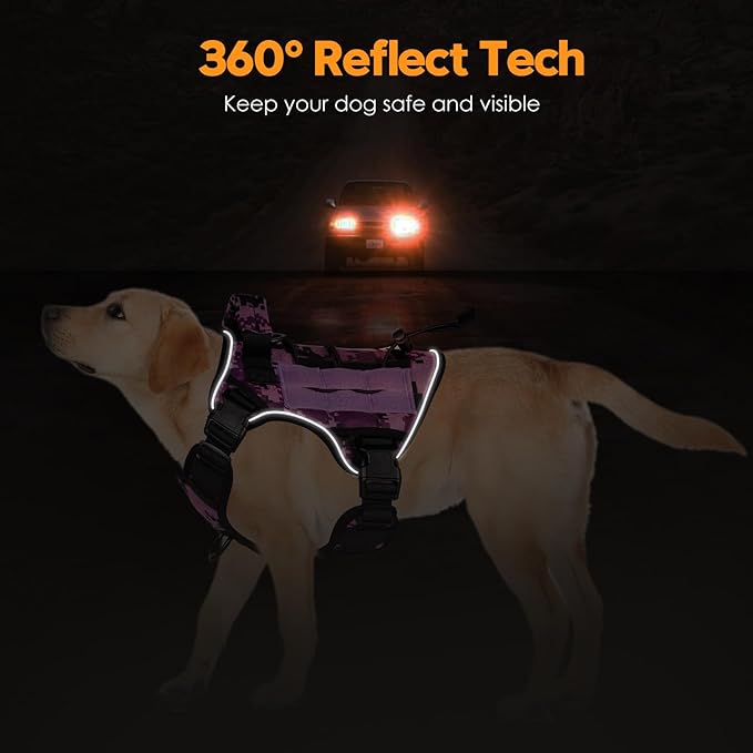 Heavy-Duty Tactical Dog Harness for Large Dogs, No Pull Adjustable Reflective Pet Vest with Molle System, K9 Military-Grade Control for Service Training, Outdoor & 10+ Breeds, Purple Camo, Small