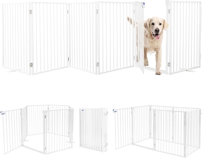 Metal Freestanding Dog Gates with Door,Extra Wide 24", 32" Height Foldable Dog Fence for Indoor & Outdoor, Heavy Duty Freestanding Pet Barrier for Stairs, Doorways, Halls, Kitchen,Yard,Christmas Tree