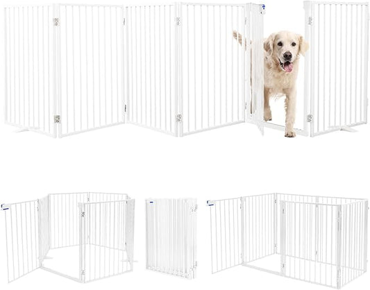 Metal Freestanding Dog Gates with Door,Extra Wide 24", 32" Height Foldable Dog Fence for Indoor & Outdoor, Heavy Duty Freestanding Pet Barrier for Stairs, Doorways, Halls, Kitchen,Yard,Christmas Tree