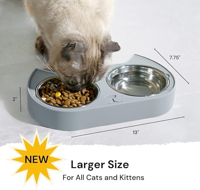 7 Ruby Road Cute Cat Bowls for Indoor Cats and Kitty, Double Cat Food Water Bowl Set with 2 Stainless Steel Pet Dishes and Grey Silicone Feeding Station, 350ml Kitten Bowls for Wet & Dry Food
