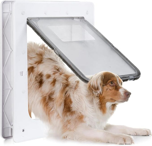 Weatherproof Plastic Dog Door with Secure Locking Panel, Durable White Pet Door 8.5"x11.5" for Large Dogs & Pets, Easy Install for Interior & Exterior Doors, Walls, Screens