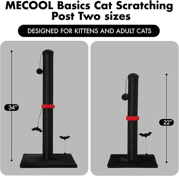 MECOOL Cat Scratching Post Premium Sisal Scratch Posts with Hanging Ball Vertical Scratcher for Indoor Cats and Kittens,Black