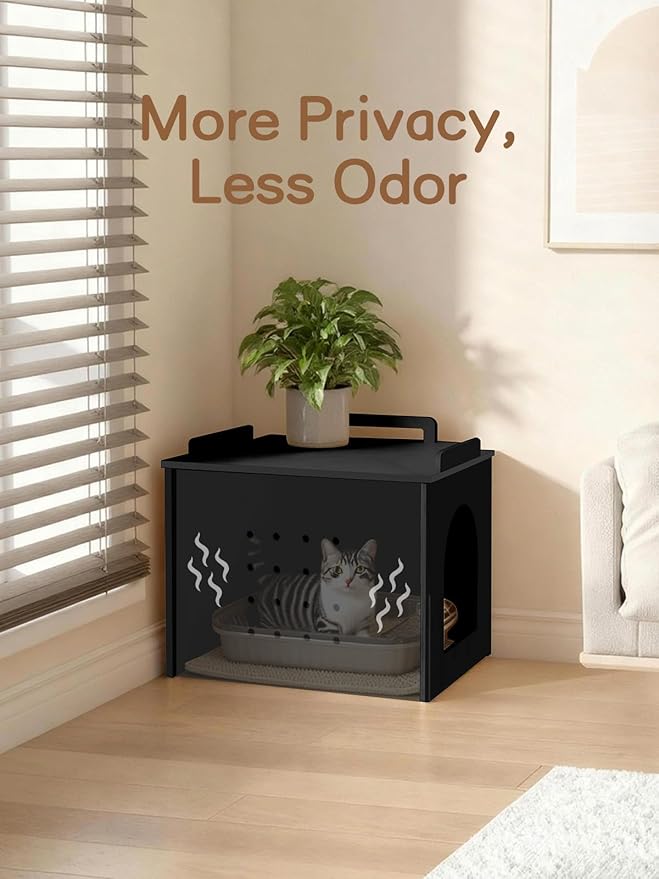 Wooden Cat Litter Box Enclosure, Hidden Litter Box Furniture with Litter Mat, Multi-Functional Cat House, for Living Room Bedroom Indoor, 23.2 x 17.7 x 19.3 inches, Black