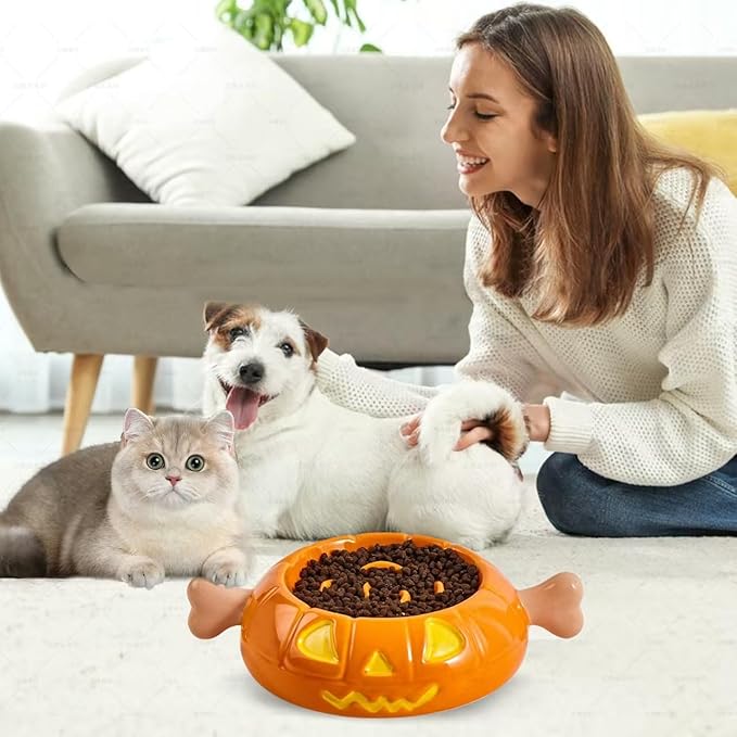 Dog Bowls Slow Feeder Ceramic, Pumpkin-Shaped & The Bone Handle Design,1.5 Cups Small Medium Breed, Slow Feeder for Fast Eater, Dog Dishes to Slow Down Eating, Orange