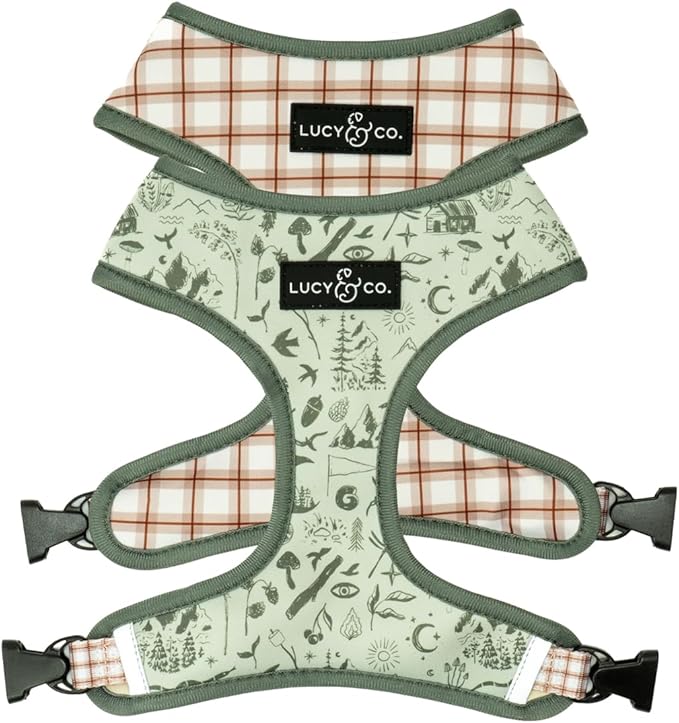 Lucy & Co. Cute Reversible Dog Harness Walking Halter - Best Designer Pet Harnesses for XS - XL Dogs - Padded Adjustable Vest for Easy Walking-X-Small-Green Outdoor Plaid