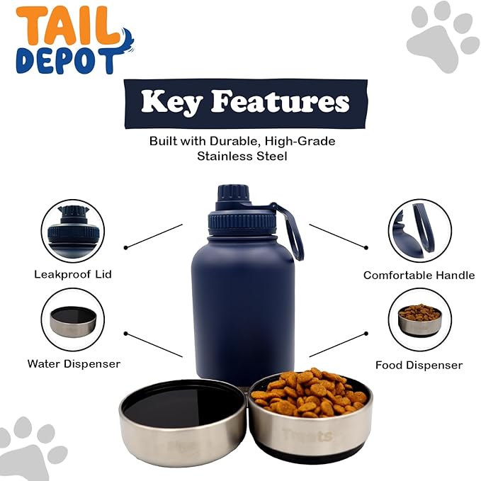 Tail Depot Snack Tank Dog Water Bottle Portable, Pet Water Bottles for Puppy with Food Container, Leak Proof Pet Dispenser for Cats, Small Animals, Dog Gift Accessories Walking, Hiking (1 Liter)