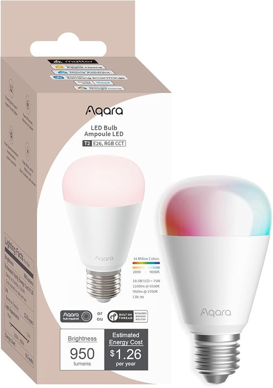 Aqara Thread/Zigbee Smart LED Light Bulb T2 E26, Tunable White (2000K-9000K), RGB Color Changing Light Bulb with 16 Million Colors, 75W Equivalent, Matter, Works with HomeKit, Alexa, Google & More
