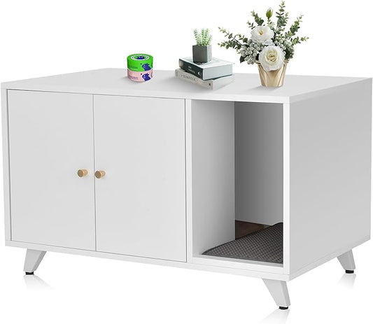 Cat Litter Box Enclosure, Hidden Litter Box Furniture Washroom Storage Cabinet, Modern Cat House with Scratche Pad (White)