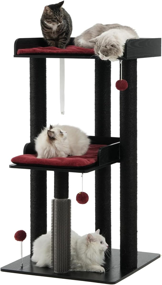 FourFurPets 43.7" Cat Tree, Modern Cat Tree Tower, Cat Tower for Indoor Cats Large Adult, Cat Condo with Scratching Post, Large Perch and Removable Pads, Black&Red