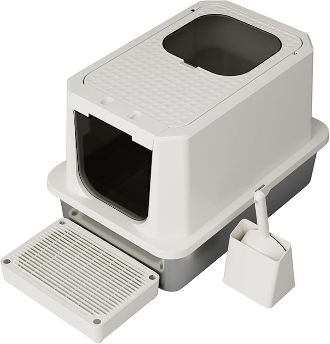 RIZZARI Stainless Steel Cat Box: Beige Leak-Proof Large Enclosed Litter Pan Indoor Odorless Tray for Multiple Cats - Teflon Non-Stick Coating - for Cats Under 20 lbs - Ideal for Laundry Room Balcony