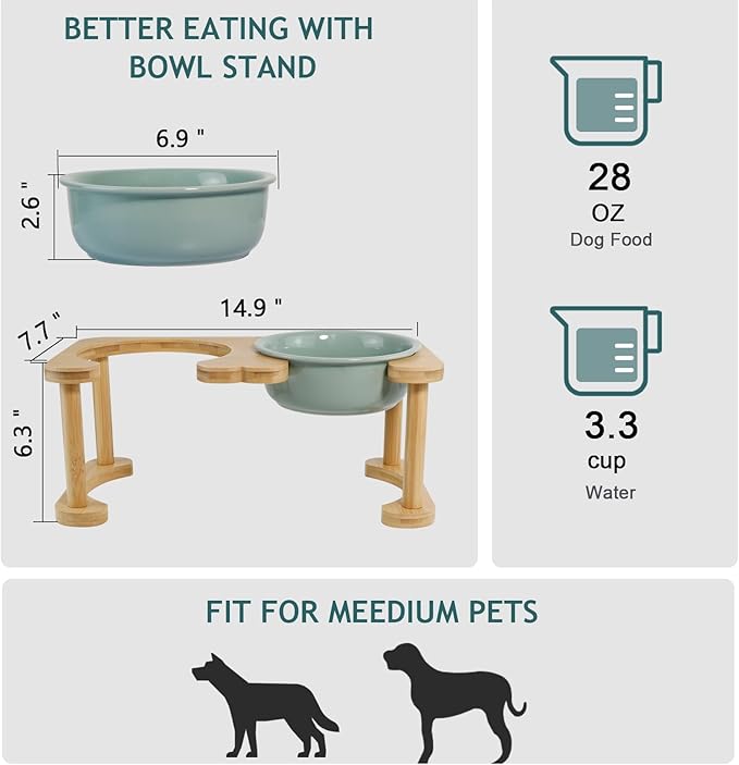 Elevated Ceramic Dog Bowls, Raised Dog Bowl with Anti-Slip Stand, Pet Feeding Dishes for Medium Sized Dogs, Modern Pet Feeder Bowl, Dog Food & Water Bowl Set (6.3" Tall-28oz-Light Green)