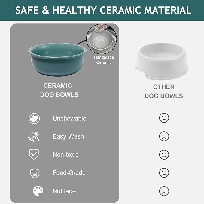 Elevated Ceramic Dog Bowls, Raised Dog Bowl with Anti-Slip Stand, Pet Feeding Dishes for Medium Sized Dogs, Weighted Pet Feeder Bowls, Dog Food and Water Bowl Set(6.3" Tall-28oz-Dark Green)