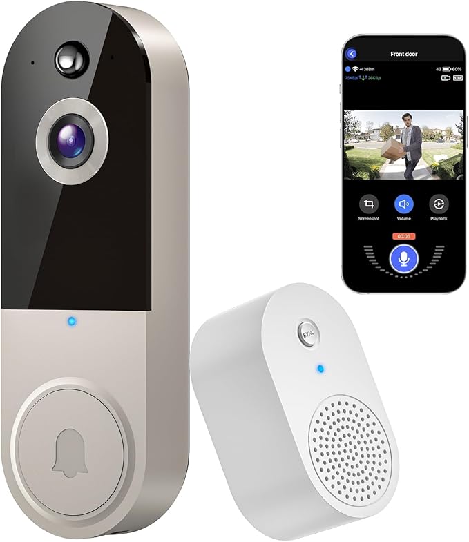 1080P Video Doorbell Camera, Wireless Indoor/Outdoor Surveillance Camera, Cloud Storage, 2.4G WiFi Only, AI Human Detection, Instant Alert, Night Vision, Two Way Audio (Linen)