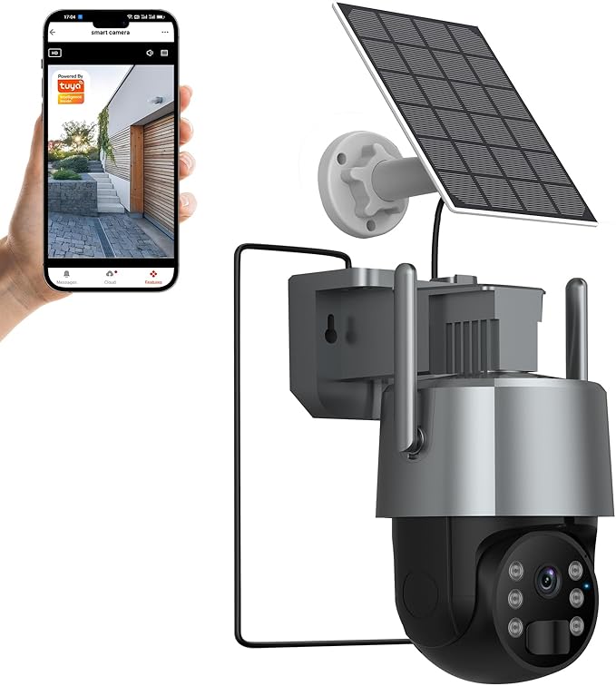 2K Tuya Solar Security Camera, 3MP Wireless Outdoor WiFi Camera w/ 360° PTZ, IP65, Battery Powered Surveillance Home Cam w/ Color Night Vision, PIR Sensor, 2-Way Audio, SD/Cloud Storage, App Alerts