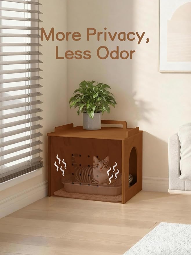 Wooden Cat Litter Box Enclosure, Hidden Litter Box Furniture with Litter Mat, Multi-Functional Cat House, for Living Room Bedroom Indoor, 23.2 x 17.7 x 19.3 inches, Walnut