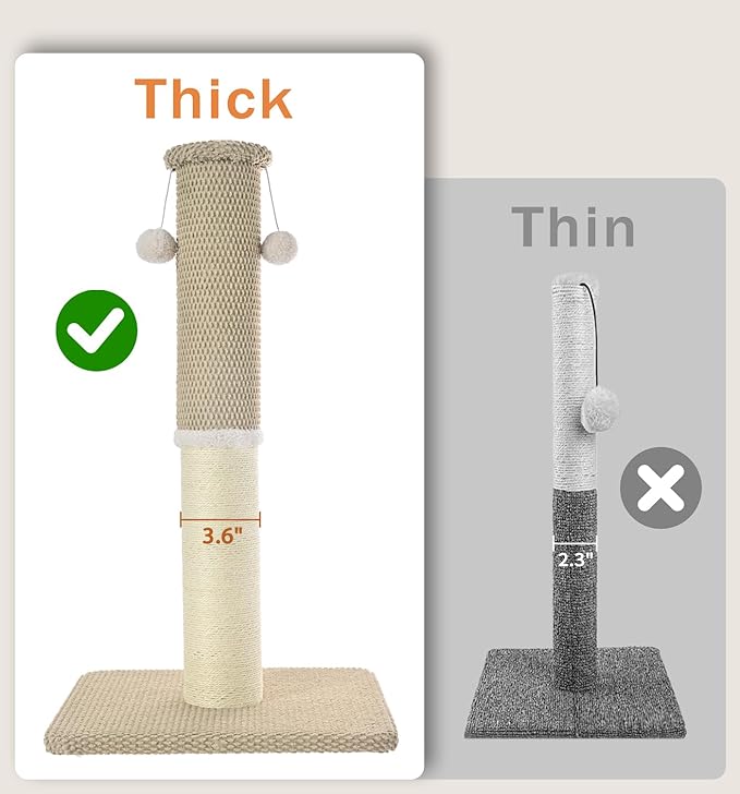Made4Pets Tall Cat Scratching Post, Heavy Duty and Thicker Scratching Posts for Indoor Cats Adults, 23.6" Natural Sisal Cat Scratcher with Hanging Balls, Sturdy Base Cat Scratch Post, Beige