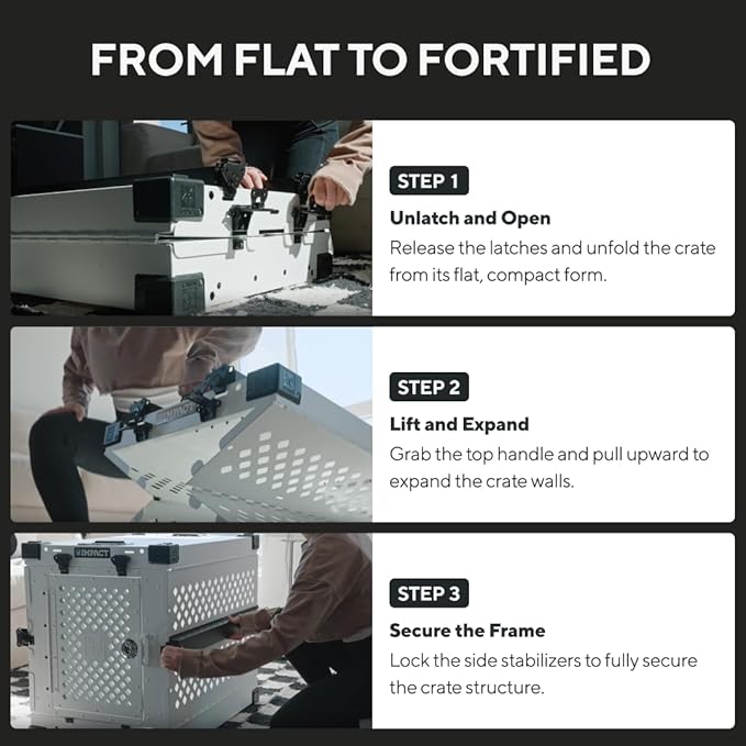 Impact Collapsible Dog Crate - Foldable Hard Crate for Extra Large Dogs - Heavy Duty Travel Kennel with Powder-Coated Aluminum - Quick Setup for Indoor & Outdoor (Black, 40"+ (40.5" L x 27.5”W x 34" H