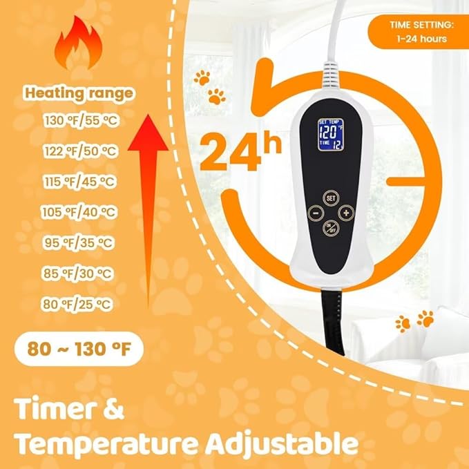 Pet Heating Pad for Cats Dogs with Timer Temperature Adjustable, Electric Heating Mat Indoor, Adjustable Warming Mat, Waterproof Heated Bed with Chew Resistant Steel Cord，Pet Heated Mat