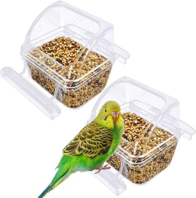 2 Pack Bird Feeders for Cage, No Mess Clear Hanging Parrot Food Bowl, Plastic Slot Food & Water Dispenser Bowl Set, Bird Cage Accessories for Hamsters,Pigeons,Parrot (Clear, 2 pcs)