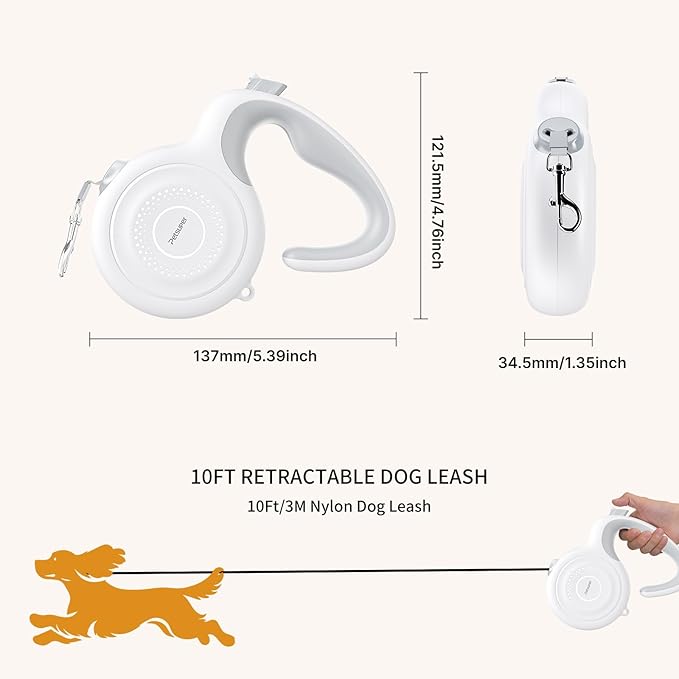 AutoBrake Retractable Dog Leash for Small and Medium Dogs, 360° Tangle-Free Dog Leash and 10Ft Strong Nylon Tape, Ergonomically Comfortable and Lightweight Grip Handle (White)