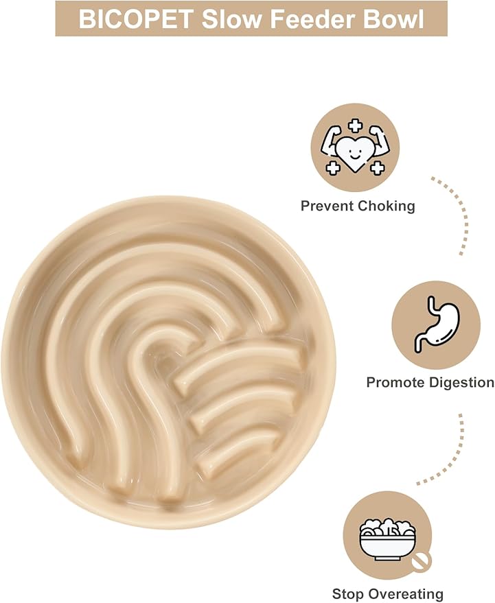 Ceramic Maze Dog Slow Feeder with Non-Slip Silicone Rim – Heavy-Duty Stoneware Bowl with Puzzle Pattern for Bloating & Obesity Prevention (Apricot-S)