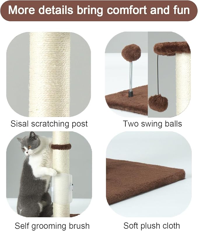 PEEKAB 32" Tall Cat Scratching Post Sisal Rope Scratch Posts with Hanging Ball and Self-Massage Brush Vertical Scratcher for Indoor Cats and Kittens Brown 32inches