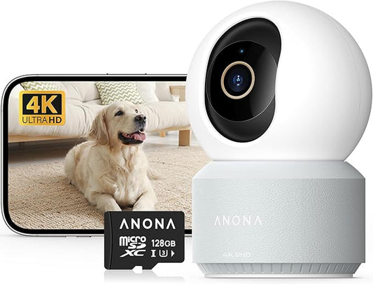 Anona 4K UHD Indoor Camera with 128GB SD Card, Pet/Dog/Baby Security Camera with Phone App, 360° Pan-Tilt, 2.4G/5G Wi-Fi 6, Auto-Tracking, Person/Pet/Baby Crying Detection, Privacy Mode, Two-Way Audio